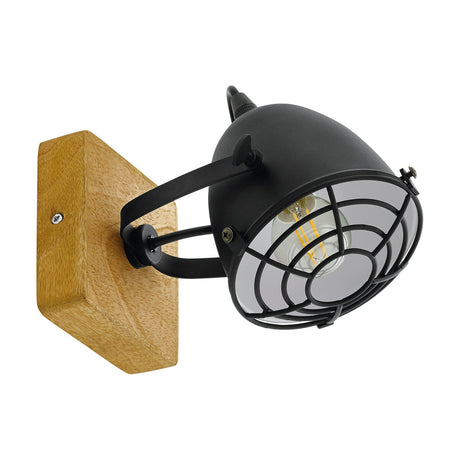 Gatebeck single-spot wall light with square natural wood backplate, black steel dome shade, U-shaped bracket, and black wire cage over an E14 bulb, shown on a white background.