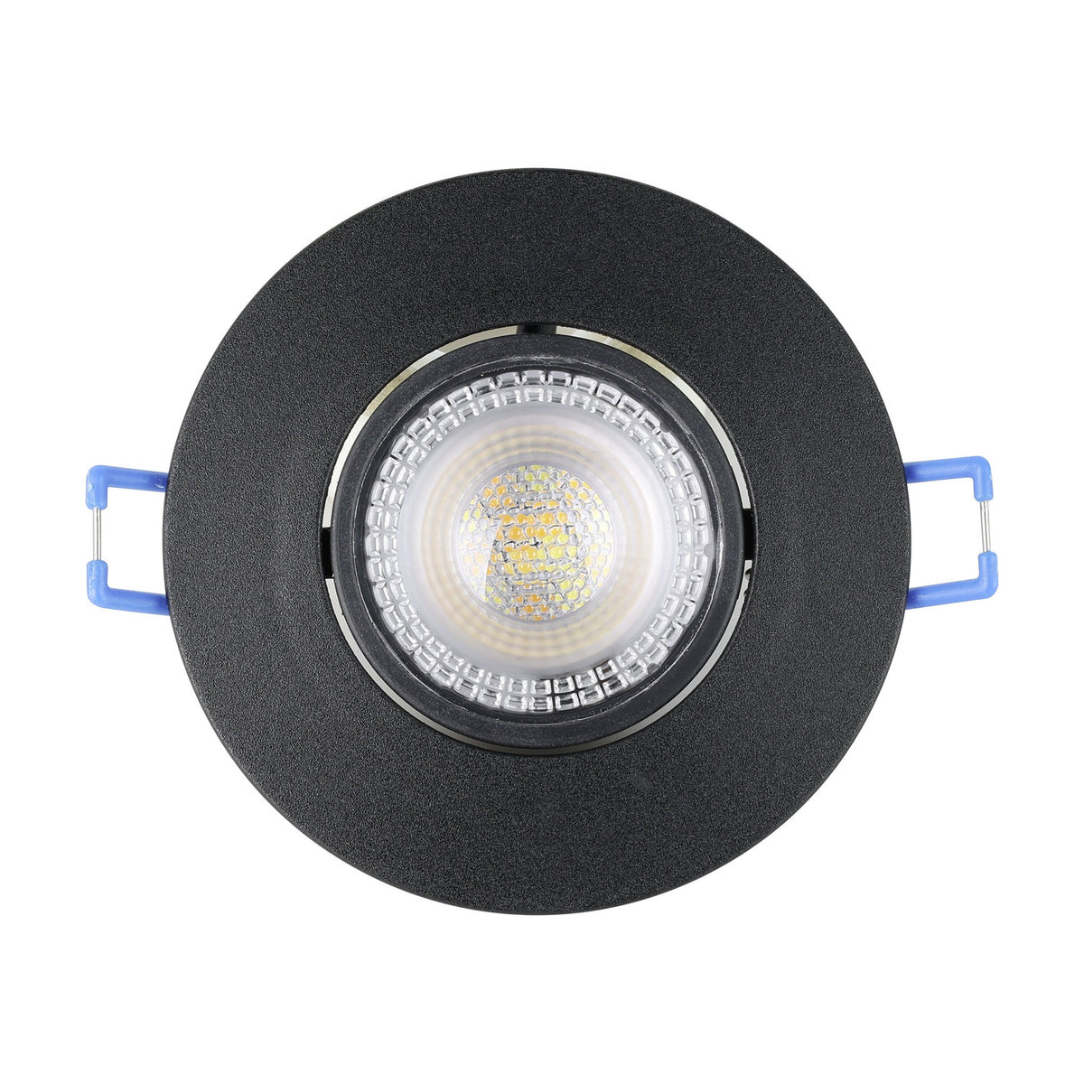 Gedrez round recessed LED downlight in black plastic with integrated LED and clear lens, shown with connector clips, on a plain white background.