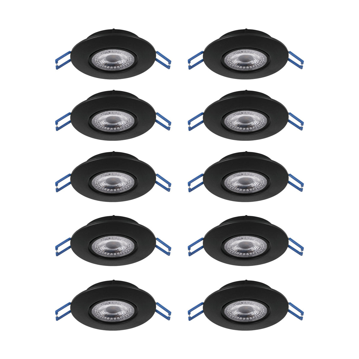 Gedrez LED Downlight Set of 10 in black, showing ten round recessed fittings with black plastic bodies and clear shades, each with blue mounting clips, on a plain white background.
