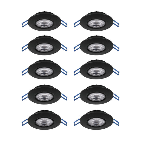 Gedrez LED Downlight Set of 10 in black, showing ten round recessed fittings with black plastic bodies and clear shades, each with blue mounting clips, on a plain white background.