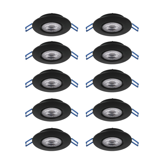 Gedrez LED Downlight Set of 10 in black, showing ten round recessed fittings with black plastic bodies and clear shades, each with blue mounting clips, on a plain white background.