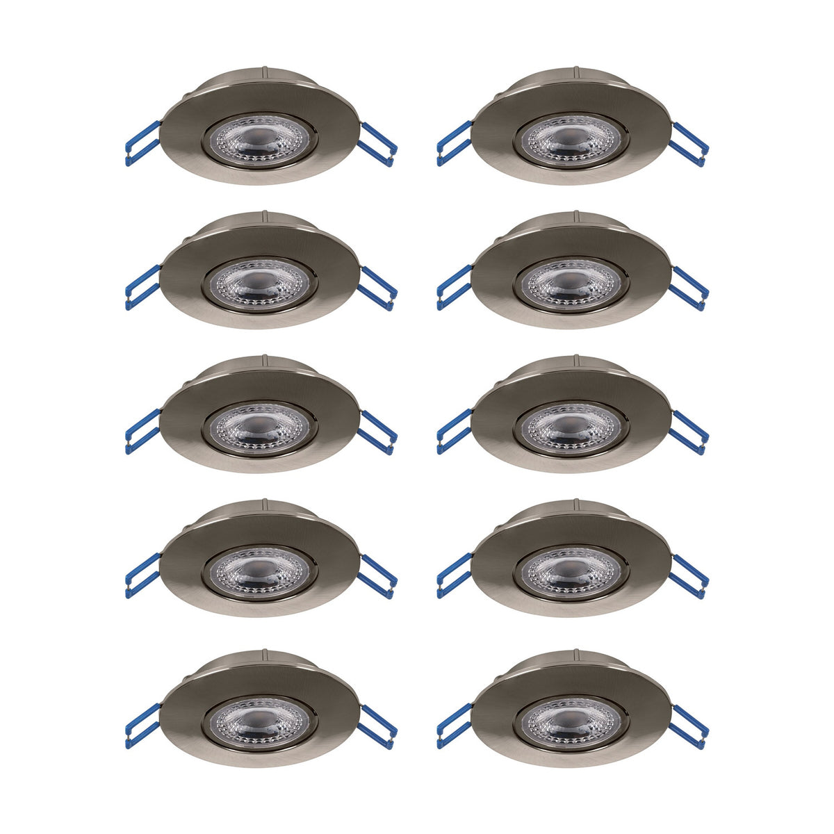 Set of 10 round LED downlights with tiltable satin nickel bezels and clear plastic lenses, each fitted with blue spring clips, shown on a plain white background.