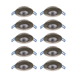 Set of 10 round LED downlights with tiltable satin nickel bezels and clear plastic lenses, each fitted with blue spring clips, shown on a plain white background.