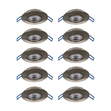 Set of 10 round LED downlights with tiltable satin nickel bezels and clear plastic lenses, each fitted with blue spring clips, shown on a plain white background.