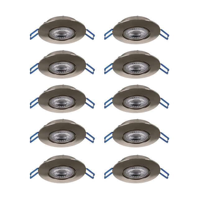 Set of 10 round LED downlights with tiltable satin nickel bezels and clear plastic lenses, each fitted with blue spring clips, shown on a plain white background.