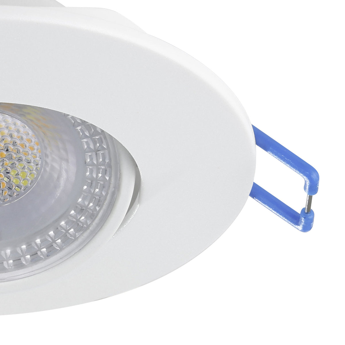 Close-up of the Gedrez round LED downlight in white, showing the white plastic bezel, clear lens over integrated LEDs, and blue spring clip fitting, on a plain white background.