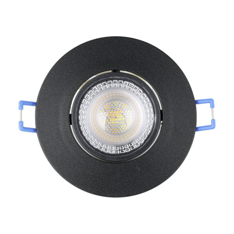 Gedrez LED downlight in black with round plastic bezel, tiltable inner ring and integrated LED module, shown front-on against a white background.
