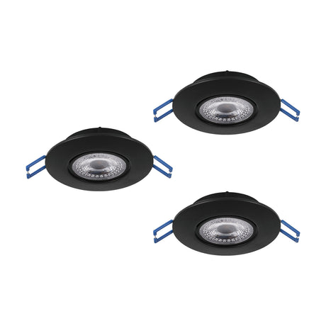 Gedrez LED Downlight Set of 3 in black, round plastic bezels with tiltable clear-covered LED inserts and blue connector clips, shown on a plain white background.