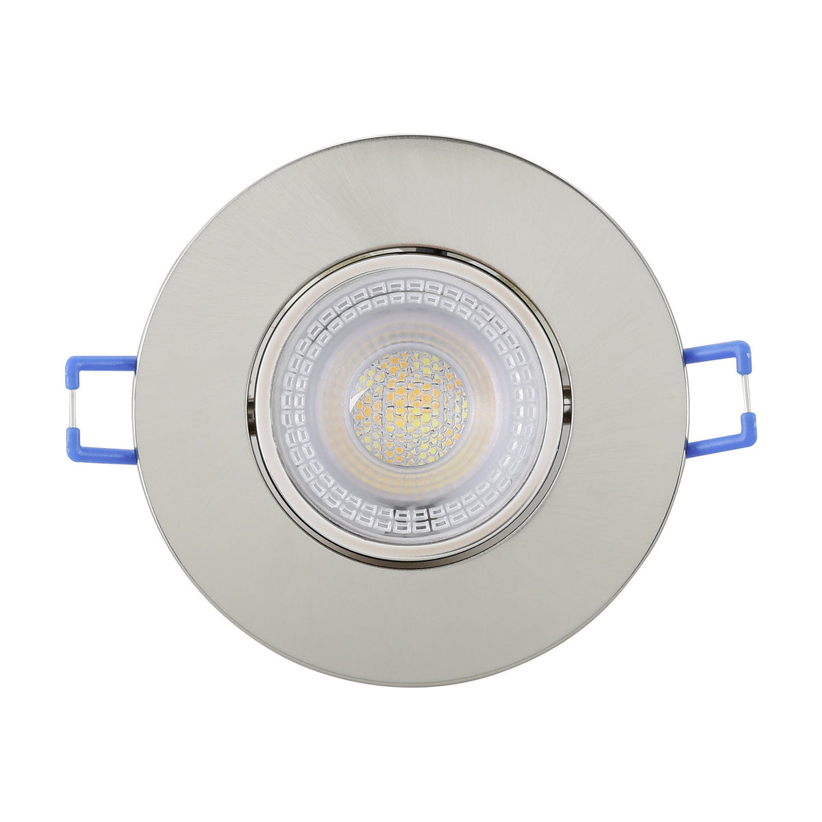 Gedrez LED Downlight in satin nickel, round recessed trim with clear lens and integrated LED, spring clips visible, shown on a plain white background.