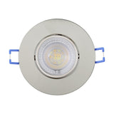 Gedrez LED Downlight in satin nickel, round recessed trim with clear lens and integrated LED, spring clips visible, shown on a plain white background.