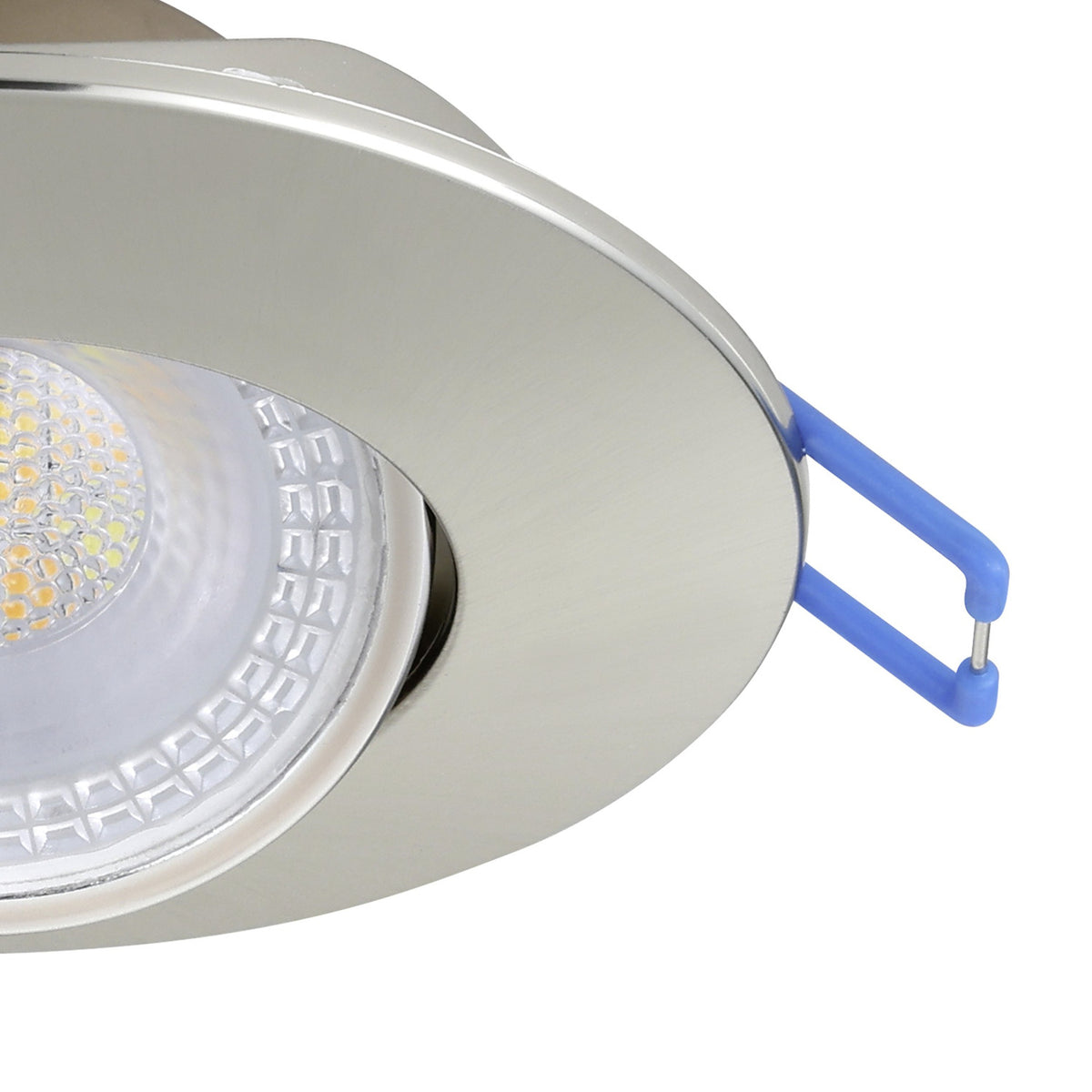 Close-up of a round Gedrez LED downlight in satin nickel finish with integrated LED lens and spring clip fitting, shown against a plain white background.