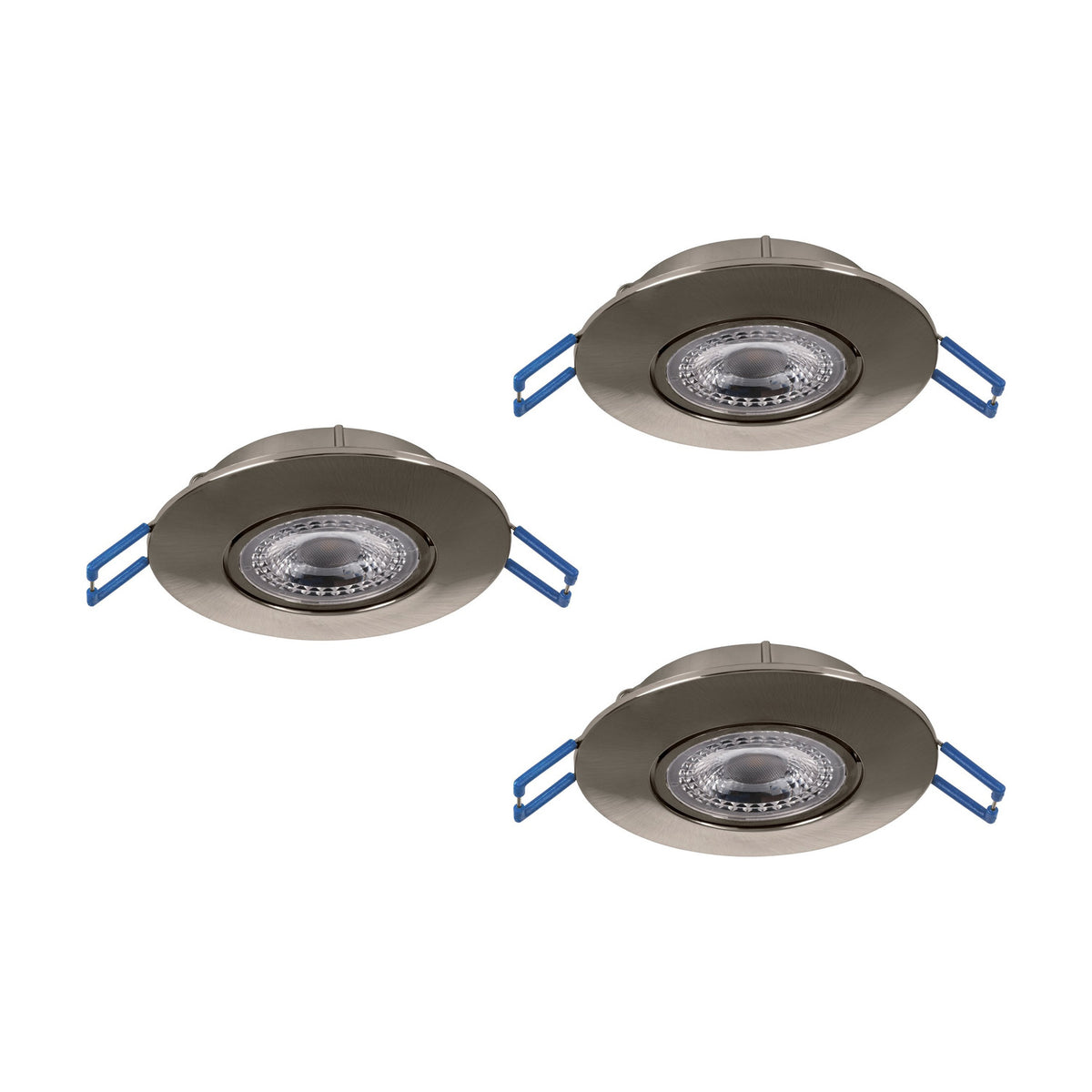 Gedrez LED Downlight Set of 3 in satin nickel, round recessed fixtures with integrated LED lens and blue spring clips, shown on a plain white background.