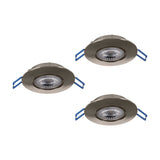 Gedrez LED Downlight Set of 3 in satin nickel, round recessed fixtures with integrated LED lens and blue spring clips, shown on a plain white background.