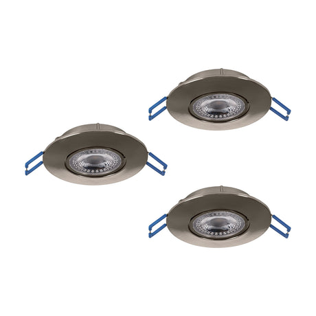 Gedrez LED Downlight Set of 3 in satin nickel, round recessed fixtures with integrated LED lens and blue spring clips, shown on a plain white background.