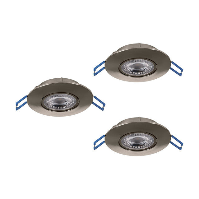Gedrez LED Downlight Set of 3 in satin nickel, round recessed fixtures with integrated LED lens and blue spring clips, shown on a plain white background.