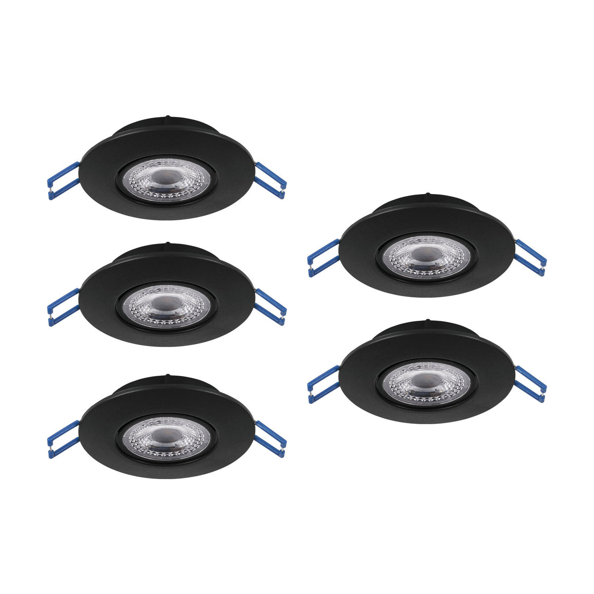 Set of five round black LED downlights with plastic bodies and clear diffusers, each with blue spring clip fittings, shown on a plain white background.