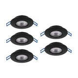 Set of five round black LED downlights with plastic bodies and clear diffusers, each with blue spring clip fittings, shown on a plain white background.