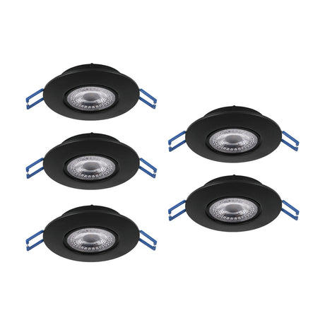 Set of five round black LED downlights with plastic bodies and clear diffusers, each with blue spring clip fittings, shown on a plain white background.