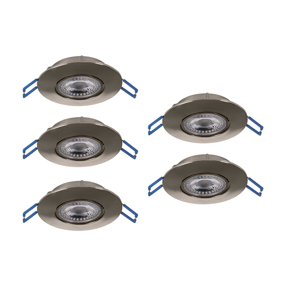 Set of five round Gedrez LED downlights in satin nickel with plastic bodies, clear lenses, and blue spring clips, shown on a white background.