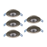 Set of five round Gedrez LED downlights in satin nickel with plastic bodies, clear lenses, and blue spring clips, shown on a white background.