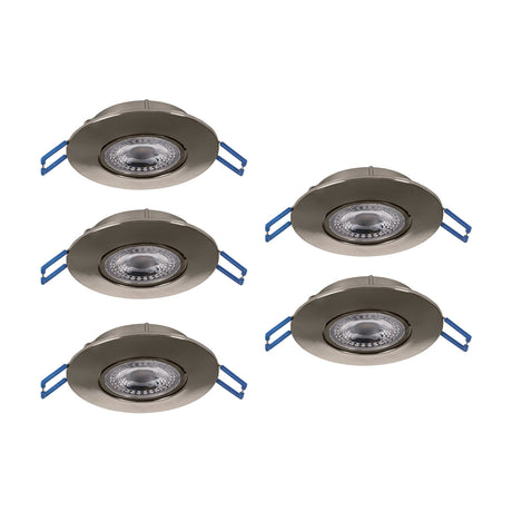 Set of five round Gedrez LED downlights in satin nickel with plastic bodies, clear lenses, and blue spring clips, shown on a white background.