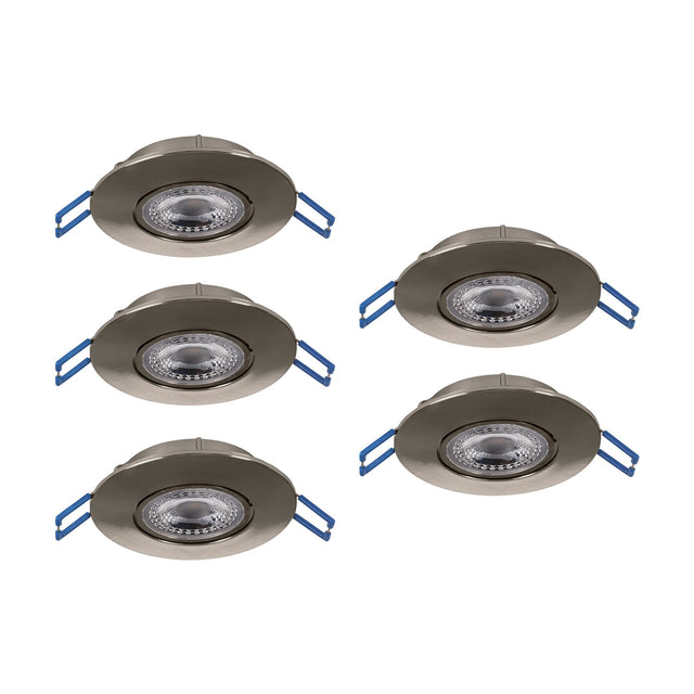 Set of five round Gedrez LED downlights in satin nickel with plastic bodies, clear lenses, and blue spring clips, shown on a white background.