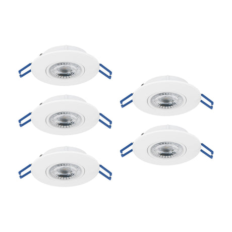 Set of five round white LED downlights with slim plastic bezels, clear integrated LED covers, and blue spring clip fittings, shown on a plain white background.