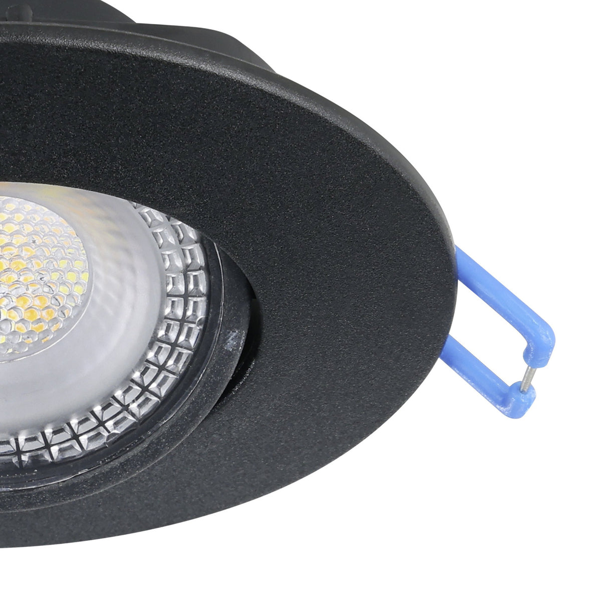 Close-up of a round black recessed LED downlight from the Gedrez set, showing the tiltable inner ring, integrated LED, and blue spring clips, on a white background.