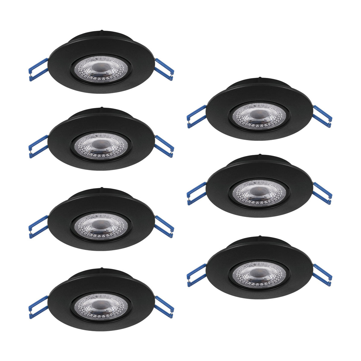 Set of 7 black Gedrez LED downlights, round recessed fixtures with tiltable inner rings and clear plastic shades over integrated LEDs, shown with blue spring clips.
