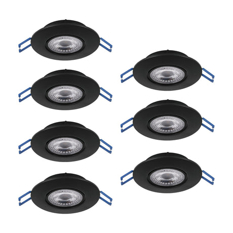 Set of 7 black Gedrez LED downlights, round recessed fixtures with tiltable inner rings and clear plastic shades over integrated LEDs, shown with blue spring clips.