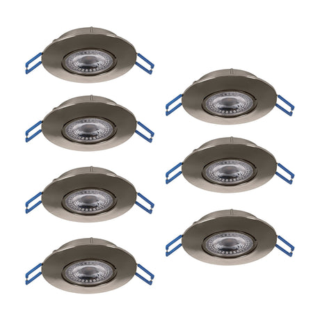 Set of 7 round recessed LED downlights in satin nickel finish with plastic bodies, clear covers and blue connector wires, shown on a plain white background.