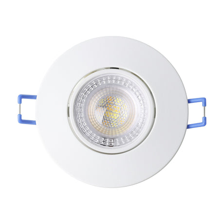 Gedrez LED downlight in white, round plastic body with clear cover and integrated LED, shown with mounting clips on a plain white background.