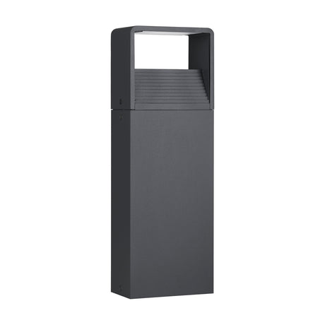 Gelbora LED outdoor post light in anthracite, a slim rectangular aluminium column with an open square top, white diffuser, and stepped louvres, shown on a plain white background.