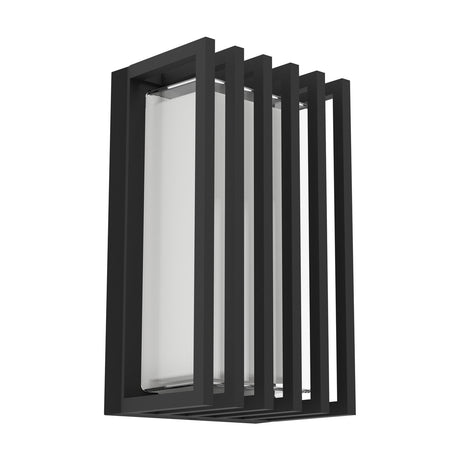 Genovese LED Outdoor Wall Light in black aluminium, rectangular design with slim vertical slats framing a clear shade and white diffuser, shown on a plain white background.