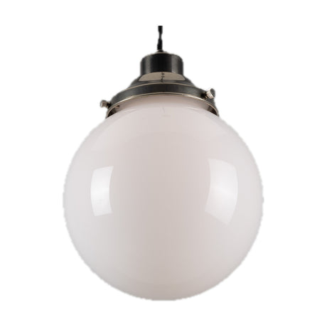 Gentry Glass Globe Pendant Light – 20cm opal white glass globe in a dark metal gallery with small rim screws, hung on black cable, shown on a plain white background.