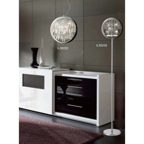 Modern living room with a white and black sideboard, a dark rug, and two crystal chandeliers—one hanging from the ceiling and one as the Geo 9 Light Crystal Floor Lamp - Chrome With Black Shade for glamorous modern lighting.