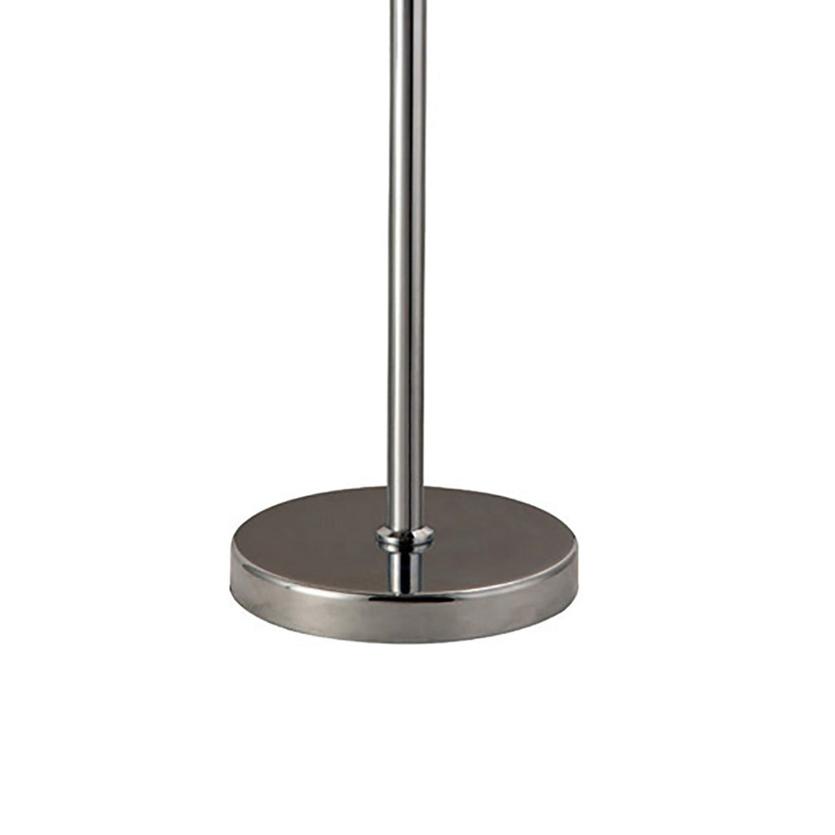 A close-up of the Geo Crystal 7 Light Table Lamp in polished chrome shows its round, flat base and vertical pole. The shiny, reflective finish enhances its modern design and statement appeal.