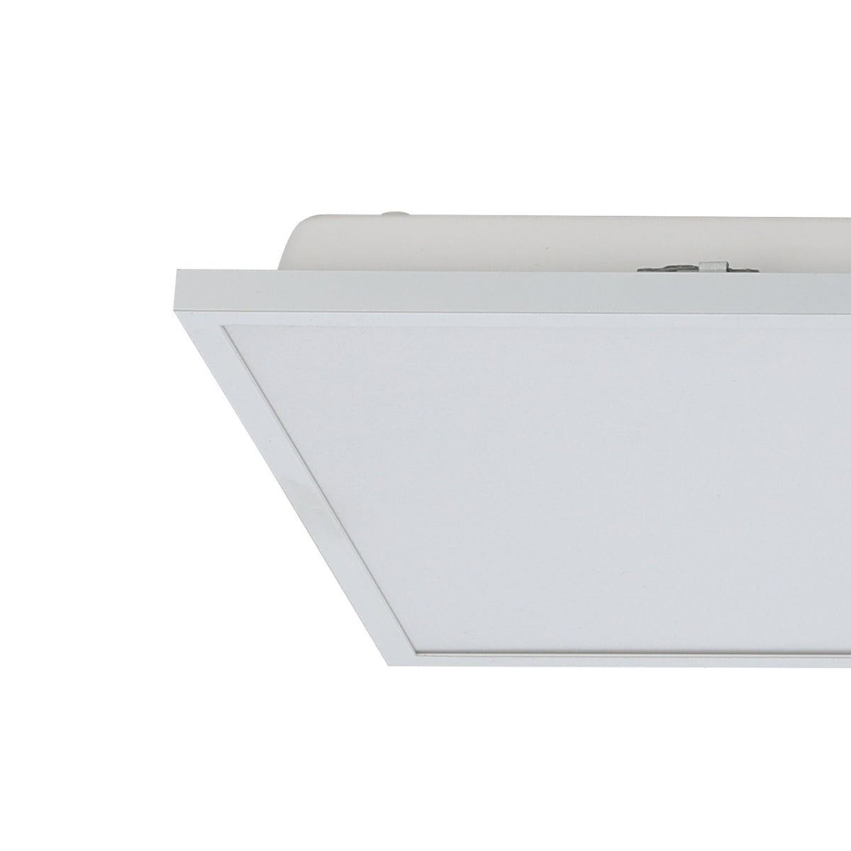 Close-up corner view of the Gevette Smart LED Panel Light, a slim rectangular ceiling fixture with a white aluminium frame and plastic diffuser, shown against a plain white background.