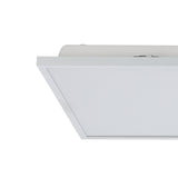Close-up corner view of the Gevette Smart LED Panel Light, a slim rectangular ceiling fixture with a white aluminium frame and plastic diffuser, shown against a plain white background.