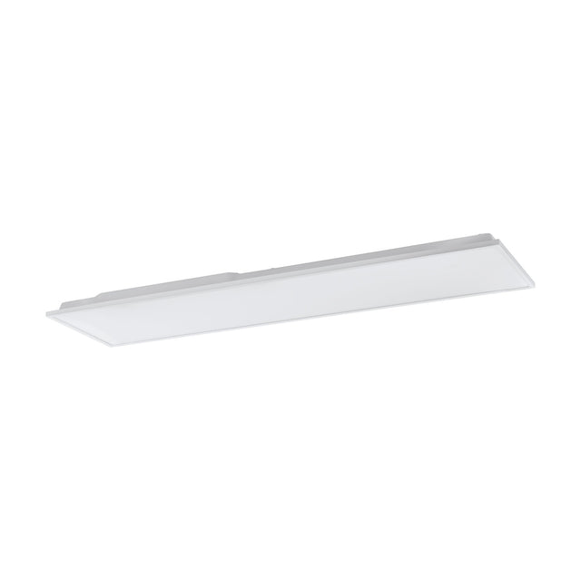 Gevette Smart LED Panel Light, a slim rectangular 120 x 30cm ceiling fixture with white aluminium body and frosted plastic diffuser, shown at an angle on a plain white background.
