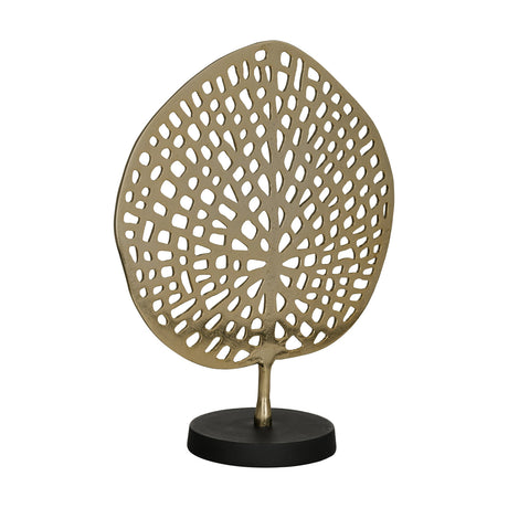 Gifu Sculpture, a brass-toned aluminium leaf-shaped decor piece with an open veined pattern, mounted on a slim stem over a round black base, shown on a plain white background.