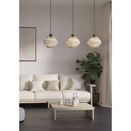 Ginvenne Fabric Linear Pendant Light featuring three cream woven lantern-shaped shades on black cords, shown above a sofa and coffee table in a living room.