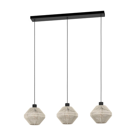 Ginvenne 3-light linear pendant with slim black steel ceiling bar, black cords, and faceted cream woven fabric lantern shades, on a plain white background.