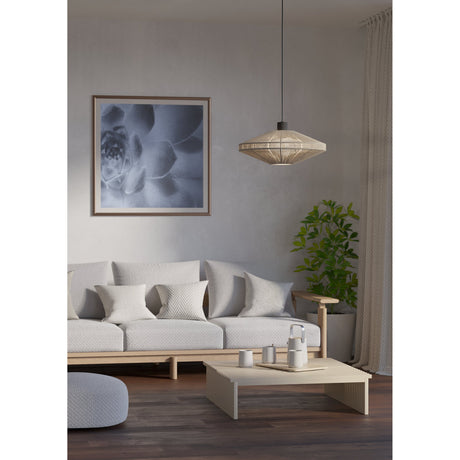 Ginvenne Fabric Pendant Light in black and cream, wide saucer-shaped woven shade on a slim black cord, shown above a coffee table in a neutral-toned living room.