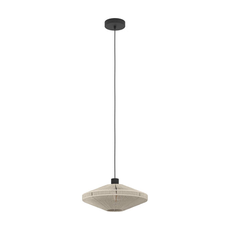 Ginvenne pendant light with a wide, saucer-shaped cream fabric cord shade, black steel canopy and slim cord, shown on a plain white background.