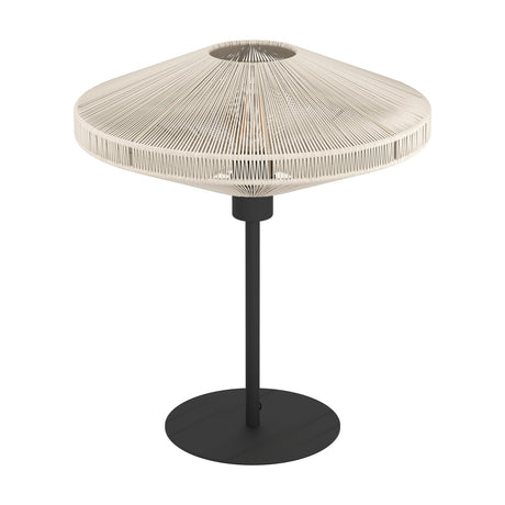 Ginvenne table lamp with a wide cream fabric-cord shade, slim black steel stem, and round black base, shown on a plain white background.