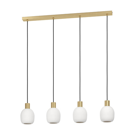 Girbena Glass Linear Pendant Light with four white opal glass shades on black cords, brushed brass and gold ceiling bar, shown on a plain white background.