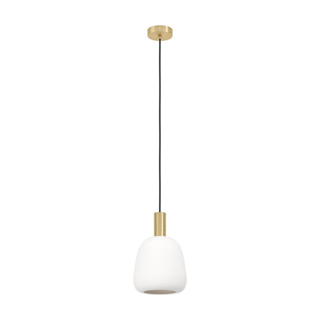 Girbena glass pendant light with a rounded white opal glass shade, brushed brass sleeve and round ceiling canopy, suspended on a black cord against a plain white background.