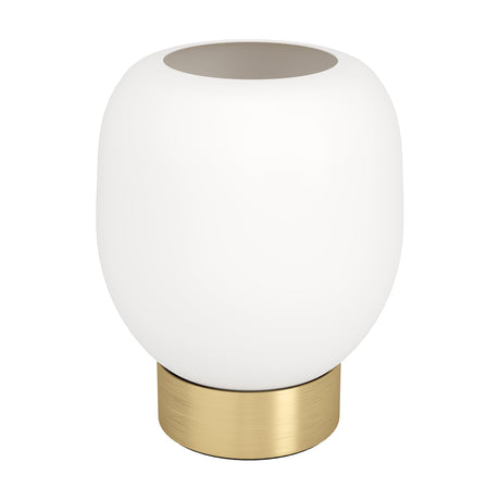 Girbena table lamp with a rounded matt opal glass shade open at the top, set on a short cylindrical brushed brass and gold base, shown on a plain white background.