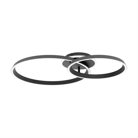 Girifalco LED 2 Ring Flush Ceiling Light in black, two overlapping aluminium and steel rings with white diffuser edges beneath a round ceiling canopy, shown on a plain white background.